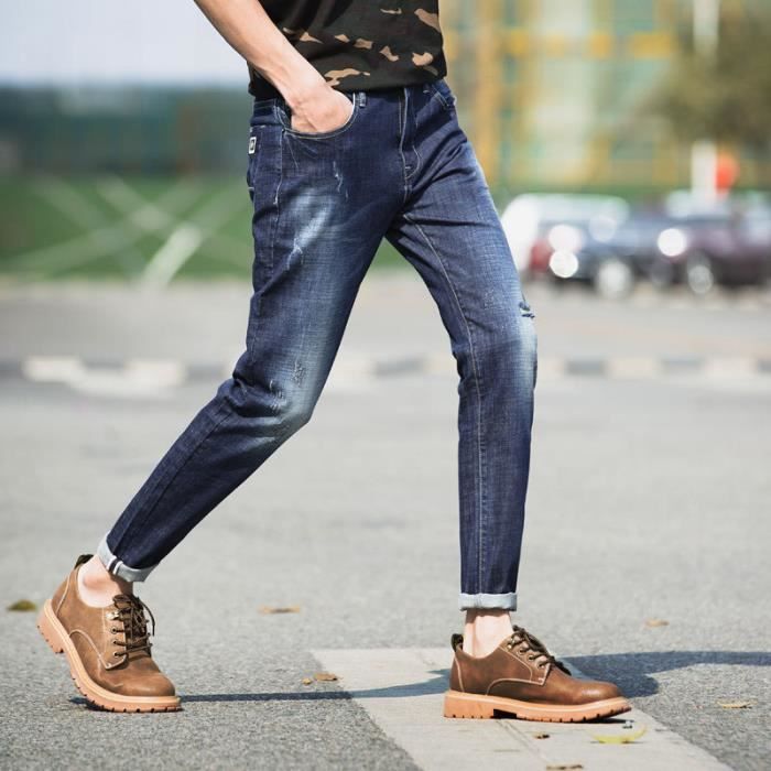 Jeans Homme slim bleu dechire de stretch Pantalon denim Homme troue coton Bleu
