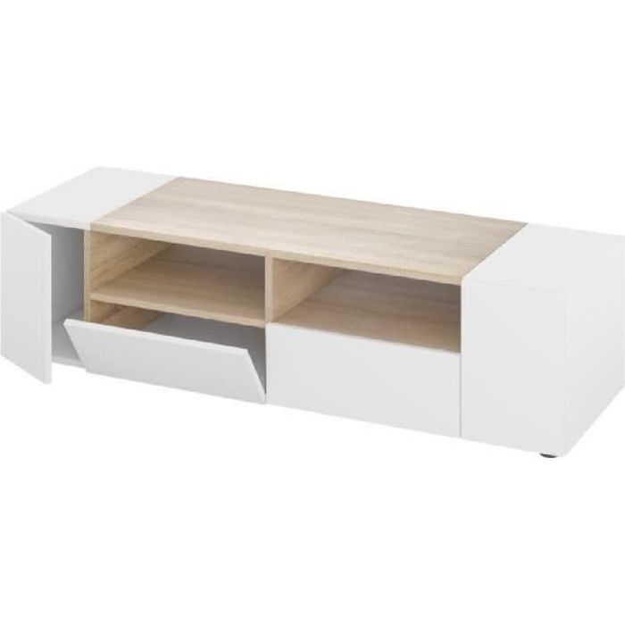 tamiko meuble tv contemporain blanc et décor chêne - l 138 cm