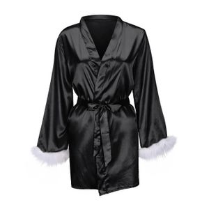 PYJAMA Sasaquoy Satin Soie Pyjamas Femmes Chemise de Nuit Lingerie Robes Sous-Vêtements Vêtements Plume Noir