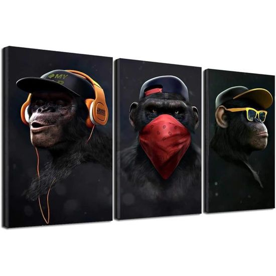 3 Singes Sages Pop Art – Tableau Toile Moderne Animaux Humoristiques, Impression HD 60x90 Cm Avec Cadre, Déco Salon Chambre Bureau