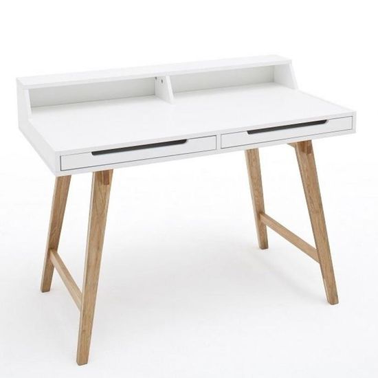Bureau style scandinave THEA blanc et hêtre 2 tiroirs 2 niches ...
