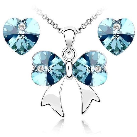 Parure De Bijoux Cœur - Collier Et Boucles D'oreilles - Cristal Strass Bleu - Plaqué Rhodium