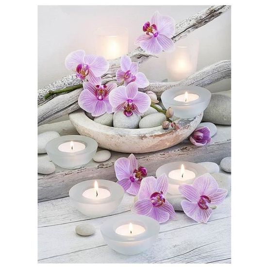 5D Broderie Diamant Orchidee Peinture en DIY Point de Croix en Résine Décoration Maison Salon Chambre (Bougie avec orchidée) M194
