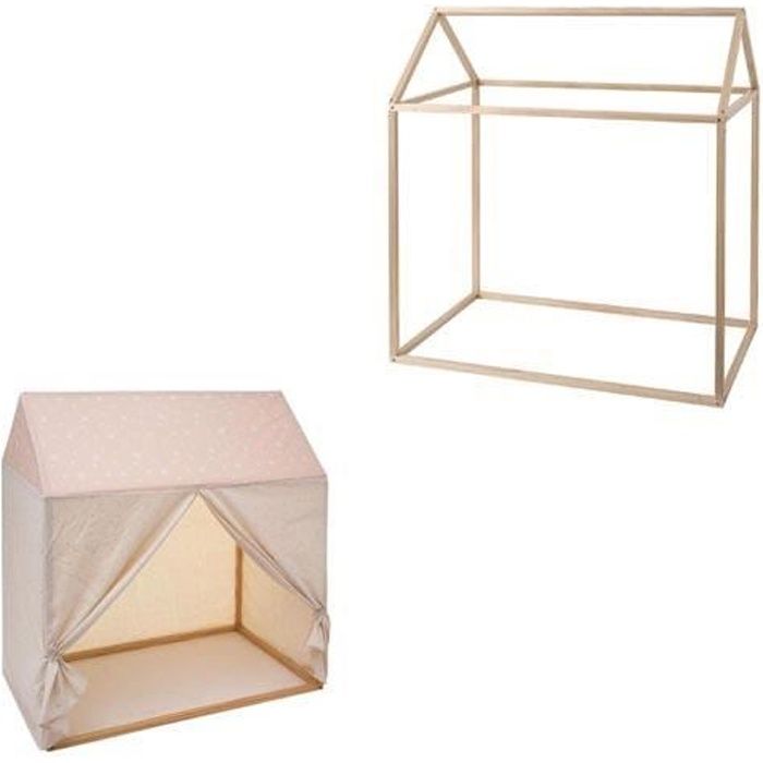 Cabane en pin enfant avec sa toile Rose Atmosphera for kids