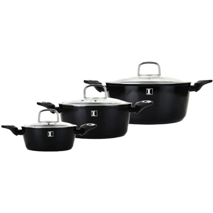 Haussmann Héritage® - 6pcs faitout set revêtement granite avec poignée amovible - tous feux dont induction - HM0633G(noir)