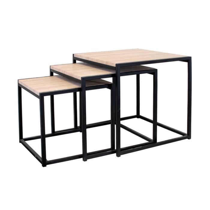 Lot de 3 tables gigognes carrées en bois et métal noir