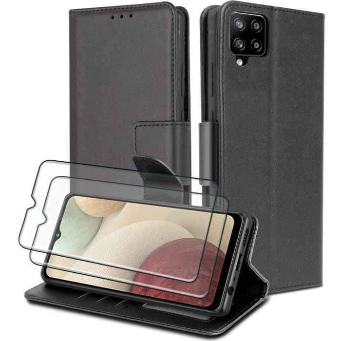 Coque Samsung Galaxy A12&M12 avec 2 Pièces Verre Trempé Protection écran,Luxe PU Cuir Portefeuille Housse avec Magnétique FlipW
