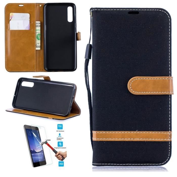 Etui Samsung Galaxy A30S A50S Portefeuille Noir + Film Verre Trempé Coque Housse En Cuir Pu hfs-house®