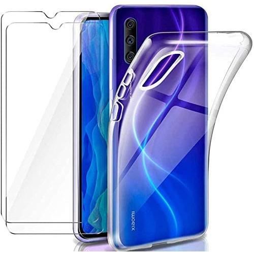Coque pour Xiaomi Mi A3 Transparente Silicone + 2 × Verre trempé Protection écran, Ultra Souple TPU Étui Protecteur Housse CTE
