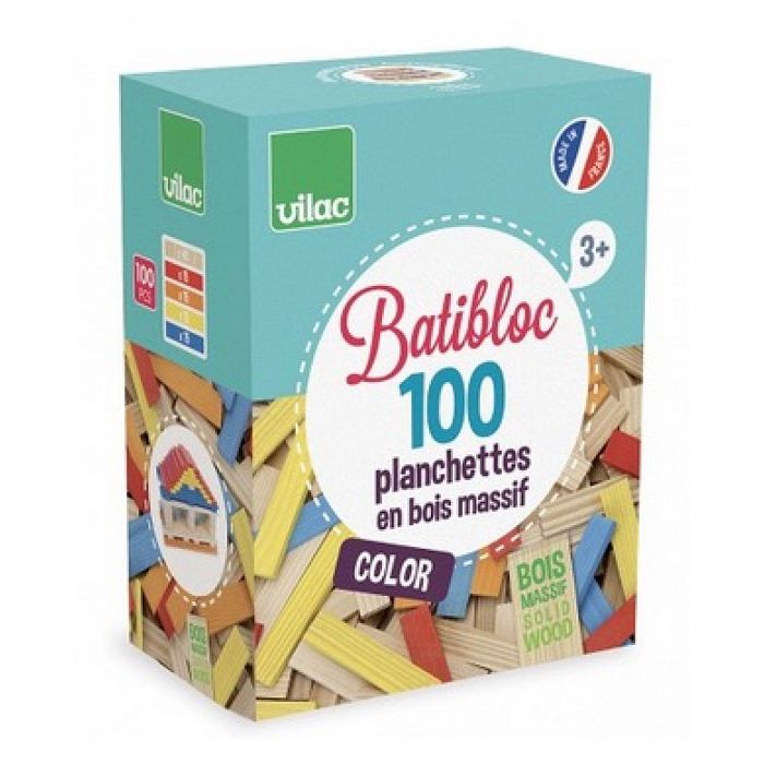 VILAC Batibloc color - 100 planchettes en bois massif colorées