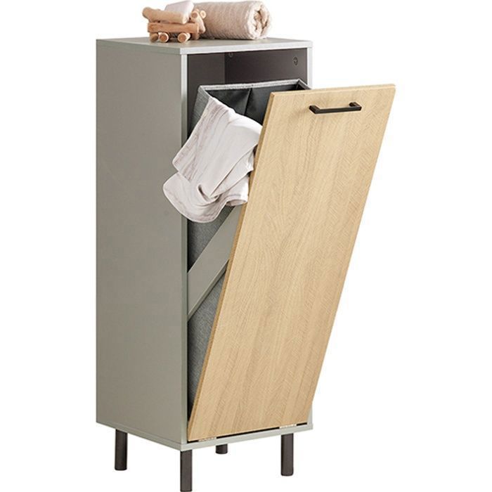 Meuble Salle de Bain avec Panier à Linge Rabattable Armoire Étroit avec Pieds en Métal Gris Naturel 31 5x86x30 cm
