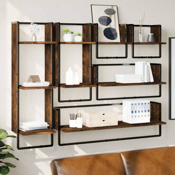 vidaXL Ensemble détagères murales avec barres 6 pcs chêne fumé 836315