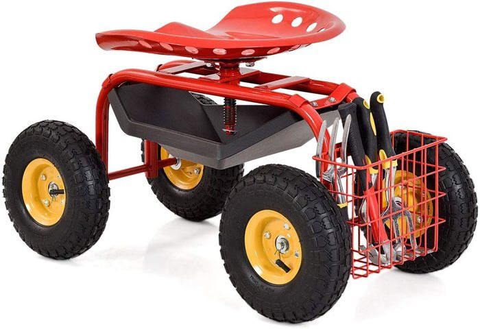 GOPLUS Tabouret de Jardin Roulant Pivotant à 360° Panier pour Outils Siège Travail Extérieur Hauteur Réglable Charge
