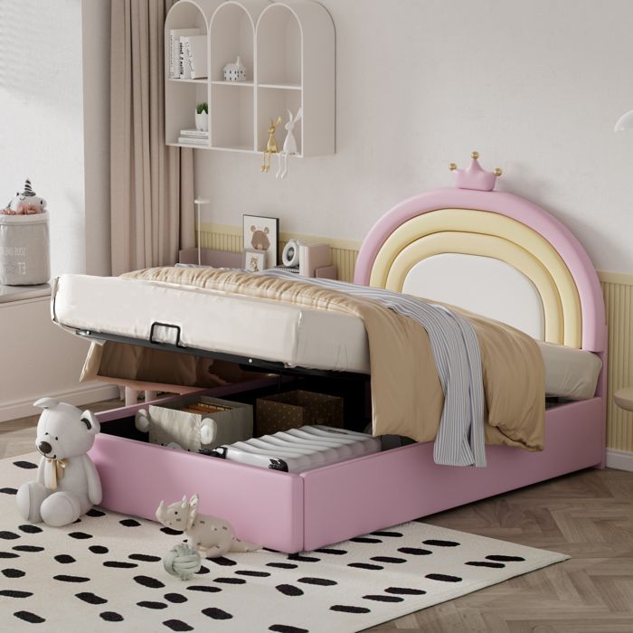 lit coffre double 140x200 cm, lit capitonné adulte avec sommier à lattes, lit enfant, tête de lit couronne, cuir pu, rose