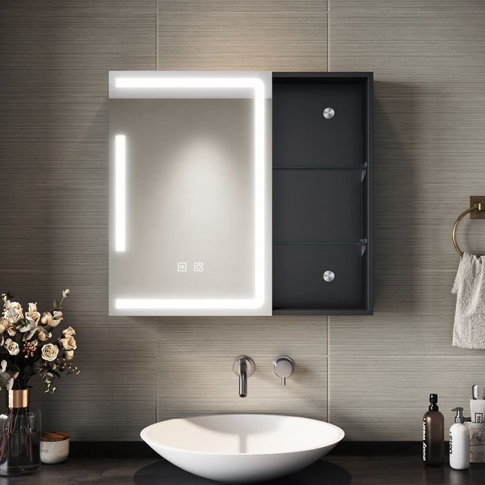SIRHONA Armoire Miroir Salle de Bain Noir 65x60x13cm Anti-buée Tactile Miroir avec Armoire de Rangement