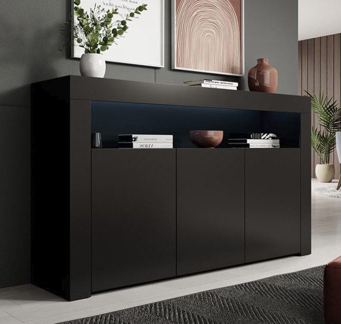 Buffet bas - DESIGN AMEUBLEMENT - Aker - 3 portes soft-close - Noir Mat - Éclairage LED intégré