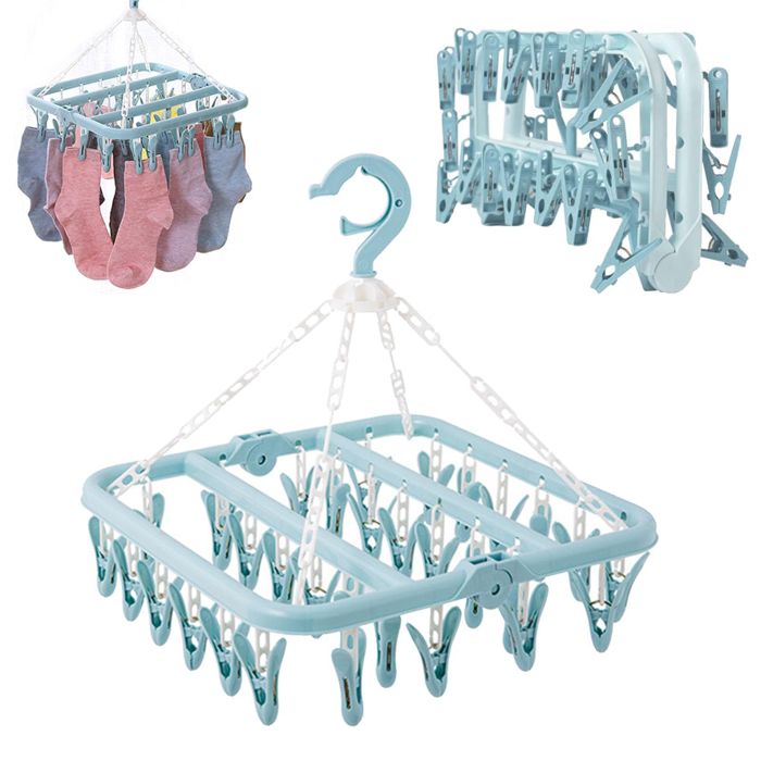 1PC Etendoir Chaussette avec 32 Pinces Etendoir Linge Interieur Extérieur Suspendre Mini sèche-Linge Pliable à Suspendre