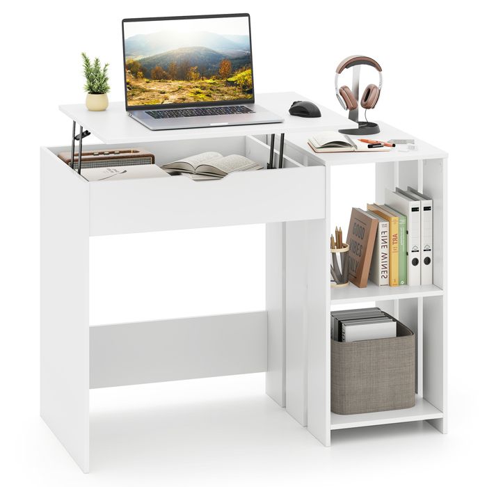 Bureau Informatique avec Plateau Relevable - COSTWAY - Compartiment Caché - 2 Étagères de Rangement Ouvertes-Blanc
