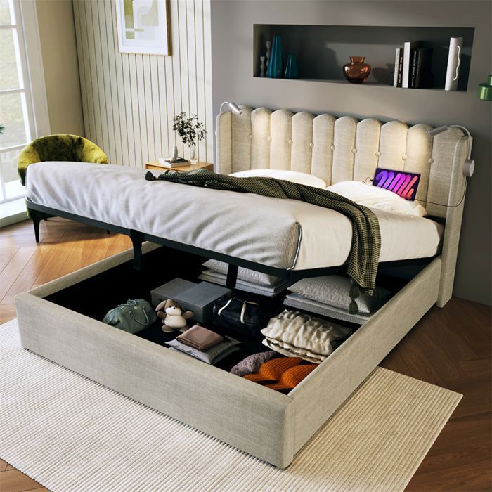 Lit coffre Lit rembourré 140x200cm avec lampes de lecture et chargement USB Rangement hydraulique Sommier à lattes Lin Beige