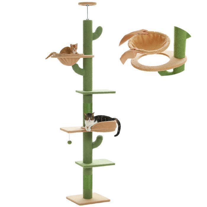 Meilleurs prix pour PAWZ Road Arbre à Chat du Sol au Plafond Cactus, Hauteur Ajustable, Poteau Griffoir Sisal XL, Hamac Suspendu, 205-255cm