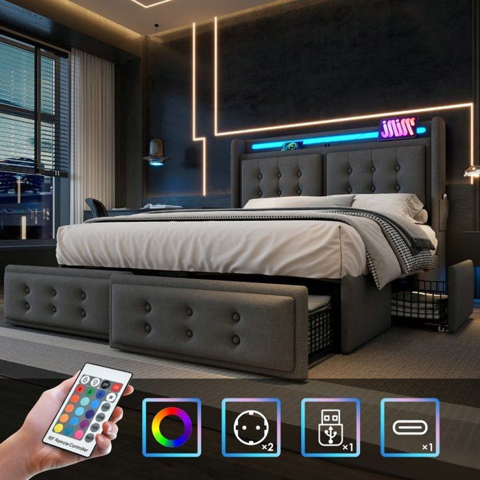 Lit 180x200 lit double avec tête de lit LED et fonction de charge USB C et 4 tiroirs lits de rangement avec lin gris