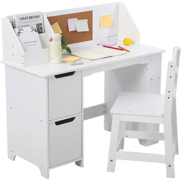 Bureau Enfants avec ChaiseTable dÉtude en Bois avec 2 PlacardsTiroir Table pour Dessiner Lire90x46x100cmBlanc