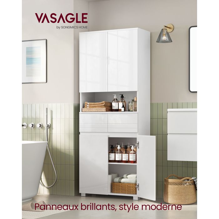 Armoire de Salle de Bain avec 2 Tiroirs Étagères Réglables Compartiments 30 x 60 x 170 cm Blanc Nuage