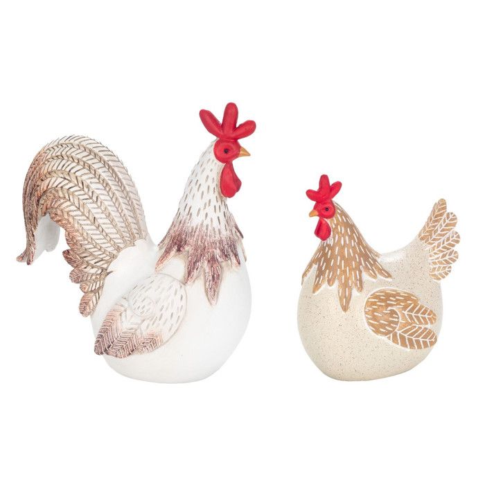 POULE et COQ statue de 16cm 21cm Beige Blanc Décoration Maison de