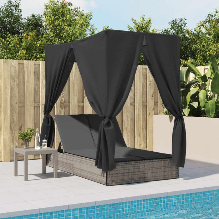 JLL*TOP - Chaise longue - Bain de soleil - Lot de 2 avec toit et rideaux gris résine tressée LLL698