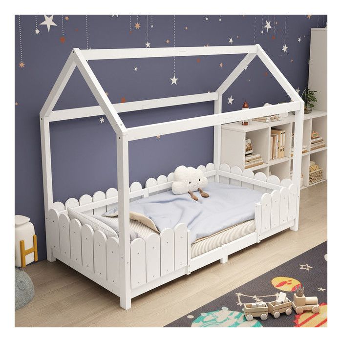Lit enfant 90 x 200 cm avec sommier à lattes et barrière de sécurité Lit 1 Personne avec cadre de Lit en bois Lit simple Blanc
