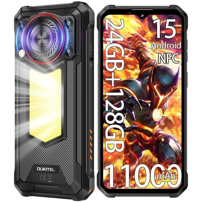 OUKITEL Smartphone Robuste  WP53 24Go+128Go/1To &Eacute;cran 652 11000mAh 128dB Android 15 Telephone Portable Dual SIM 4G/NFC/IP68 Noir 