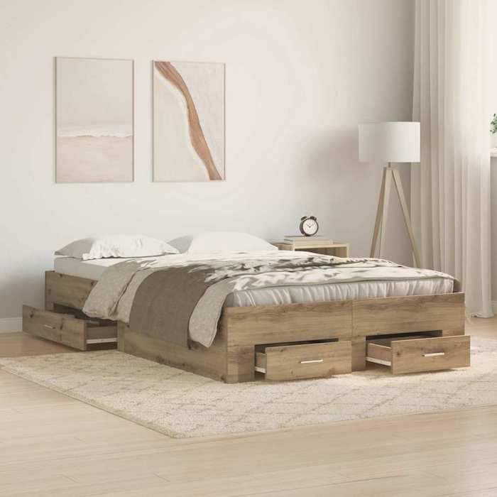 CLARENCE® Cadre de lit - (Taille unique) - Lit simple - avec tiroirs chêne artisanal 120 x 190 cm - LV6375