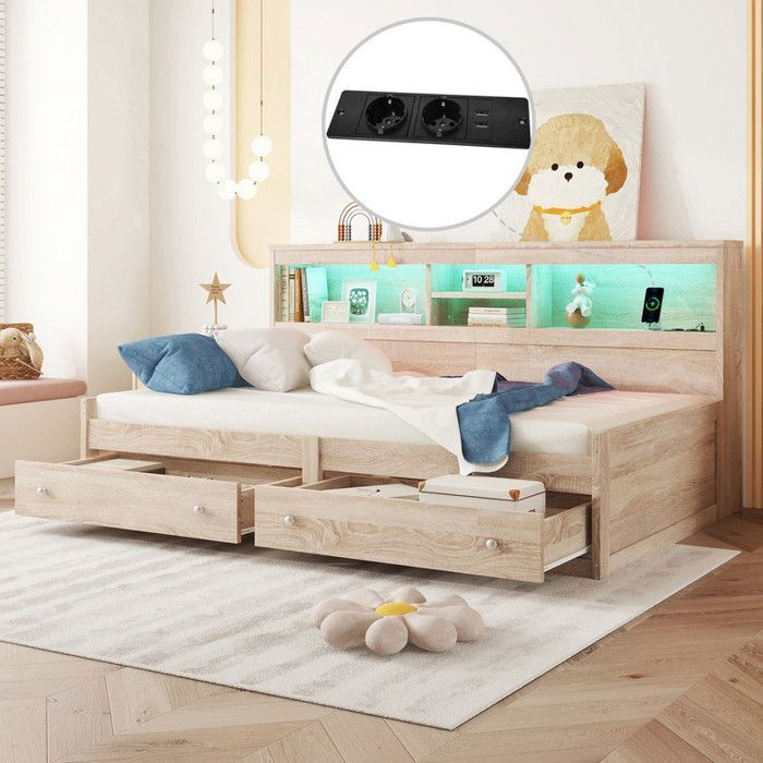 Lit simple O.Ye 90x200 cm Table de chevet avec 2 ports USB et 2 prises 2 tiroirs et sommier à lattes Naturel multicol LIT COMBINE