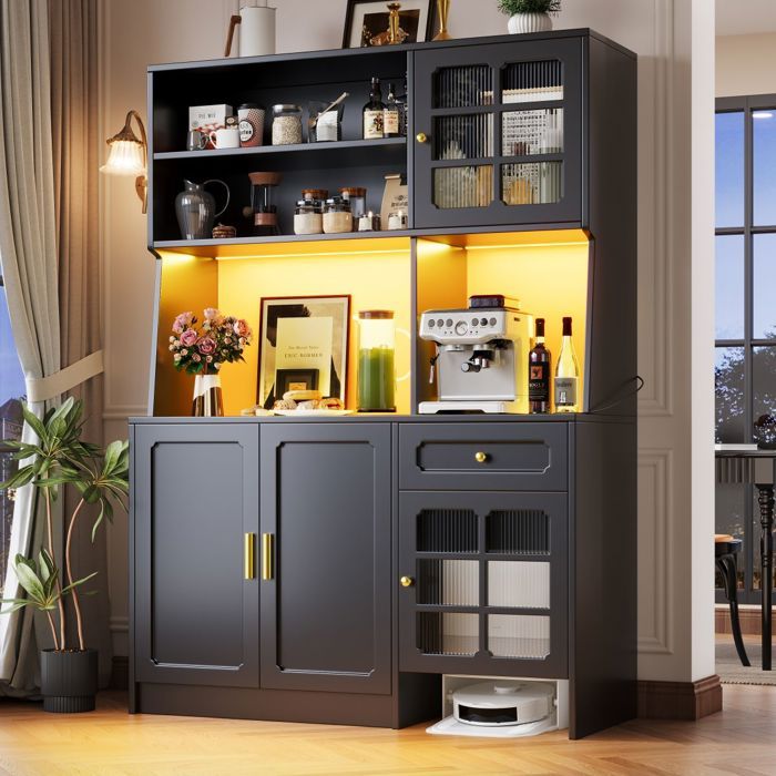 Meuble cuisine 130x45x180 cm buffet haut noir vitré LED - Rangement élégant avec portes vitrées et éclairage LED intégré pour Meuble cuisine 130x45x180 cm buffet haut noir vitré LED - Rangement élégant avec portes vitrées et éclairage LED intégré pour