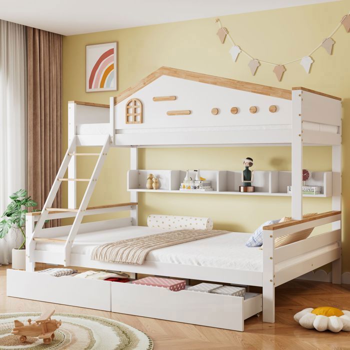 Lit Superposé - 90/x200cm - Avec Étagère et Tiroirs - Lit Superposé Enfant - Fenêtre Échelle Avec rambardes de sécurité - Blanc