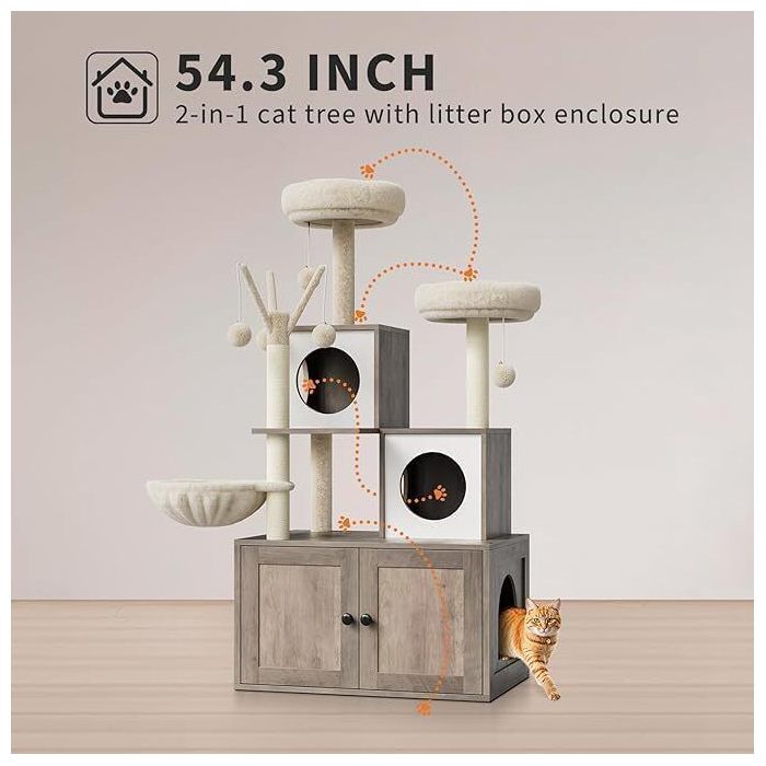 Meilleurs prix pour Arbre à chat avec armoire à litière 146 cm de haut maison pour chat en bois avec arbre à chat-70 X 48 X 146CM -GRIS