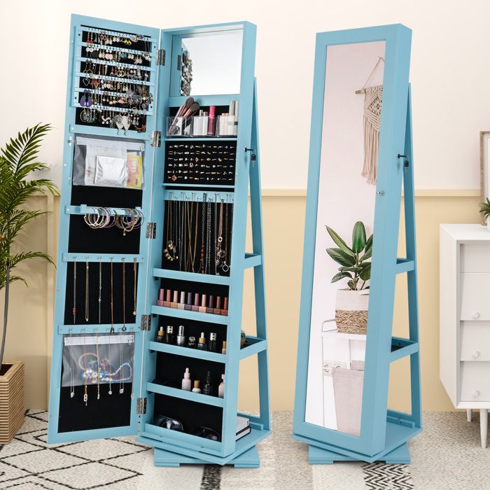 3 en 1 Armoire à Bijoux sur Pieds COSTWAY Pivotante à 360 Degrés Grand Miroir Psyché et Etagère de Rangement à LArrière Bleu