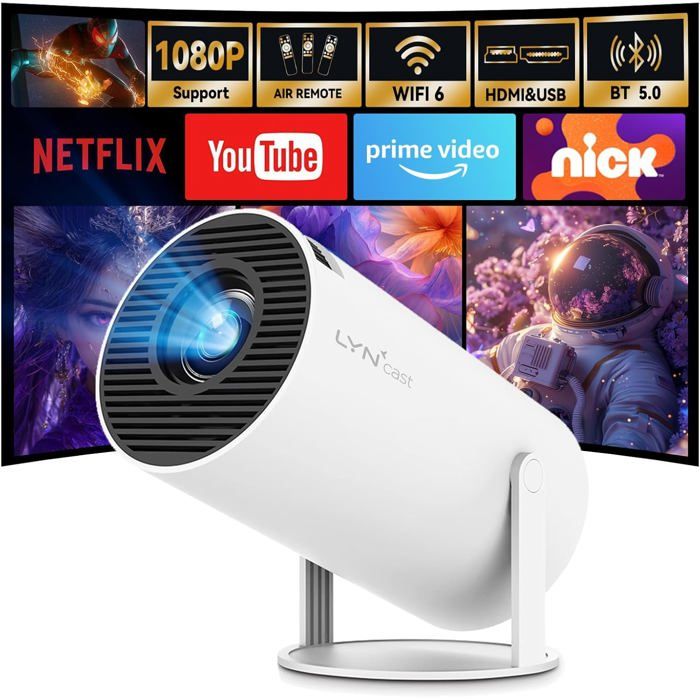 Projecteur Intelligent Applications intégrées 2025 Wi-Fi 6 Bluetooth 5.4 1080P 4K Mini Cinéma Portable
