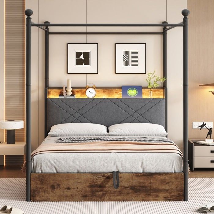 Lit Double 190x140 rangement hydraulique baldaquin LEDs USB/Type-C amovible noir - Adultes et Enfants Sans Matelas