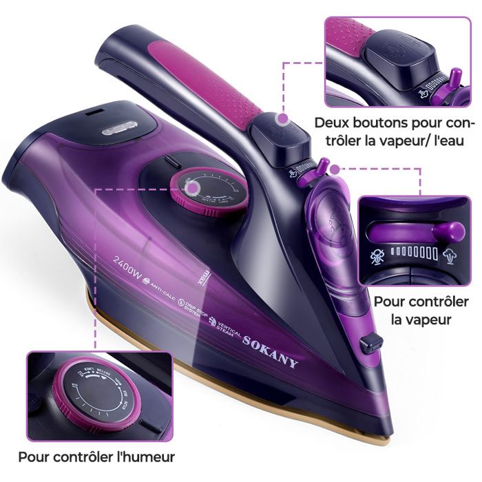 Fer à repasser vapeur 2400W - Fer à repasser - plaque de base en céramique - 360ML - Jusquà 190g/min - Fer à repasser portatif - Uverbon