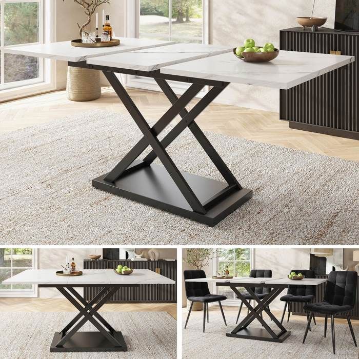 Table à manger extensible 120/160 x 80cm Pieds de table en métal en forme de croix Pour cuisine salon et salles à manger Blanc+Noir