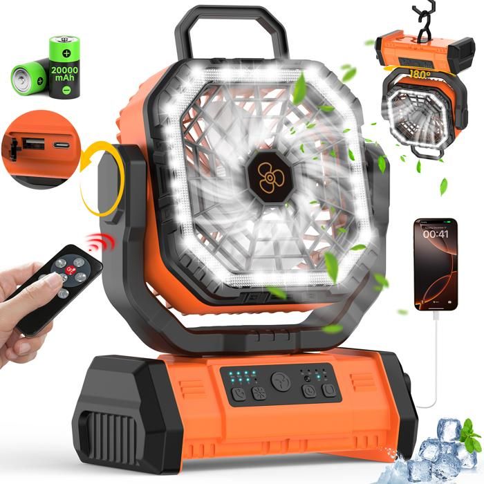 Ventilateur de camping LED - 4 vitesses - 30 dB - Batterie 20 000 mAh - Rotation à 270° - Rechargeable par USB - Orange - Alfoyu