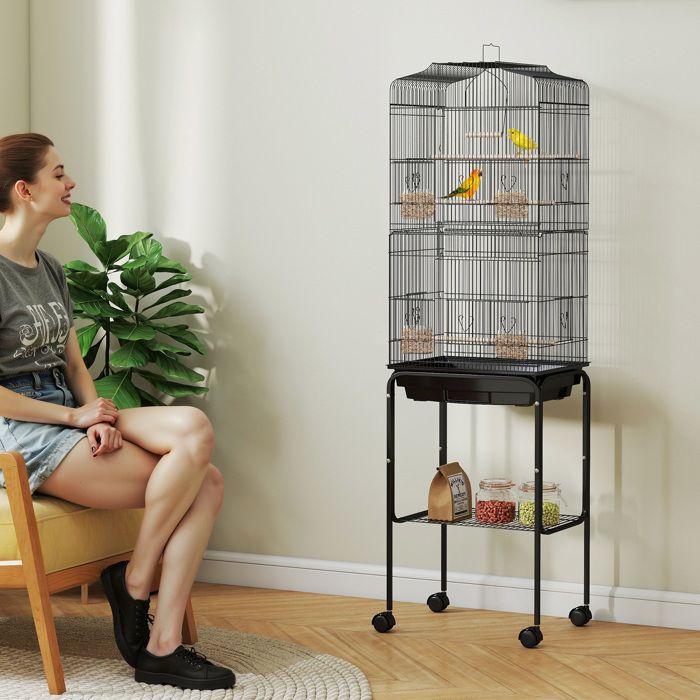 Cage à oiseaux sur pied volière oiseaux sur roulettes toit ouvrant 3 perchoirs étagère inférieure 465x36x157cm noir
