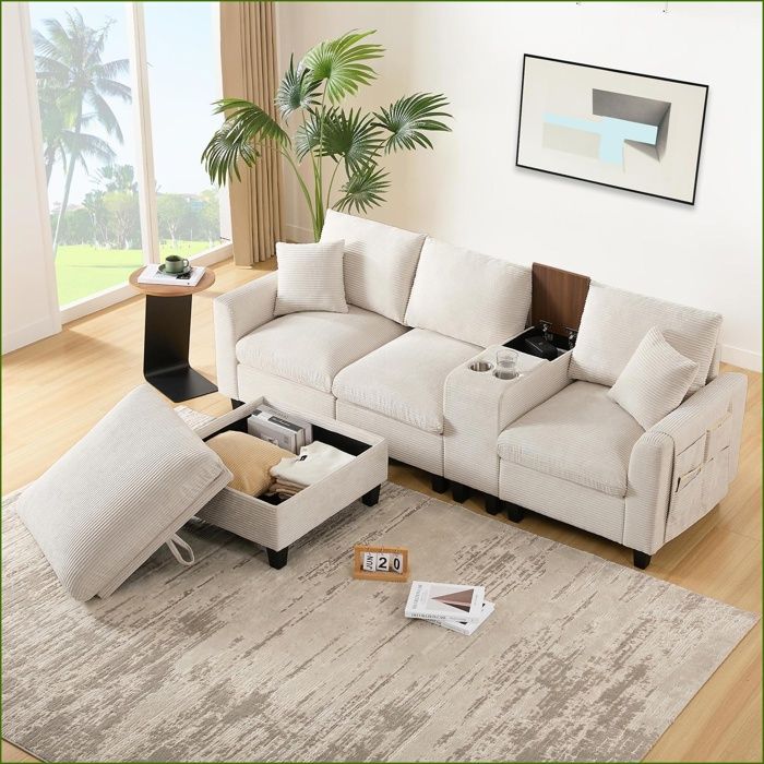 Canapé dangle L convertible - Console USB 2 supports verres rangements - Tissu corduroy - Beige