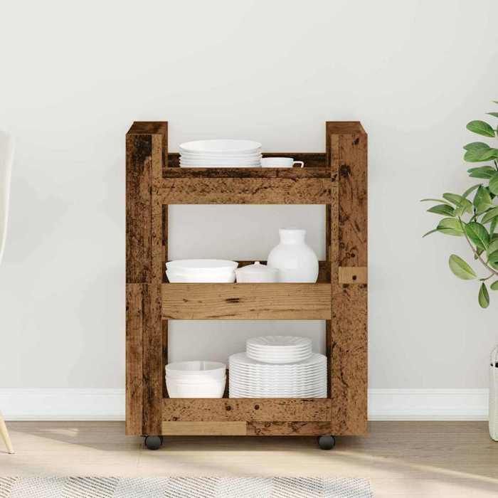 Chariot de cuisine en bois - MEUBLECHIC - Bois de chêne - 60x45x80 cm - 4 roulettes - Facile à nettoyer - Montage requis