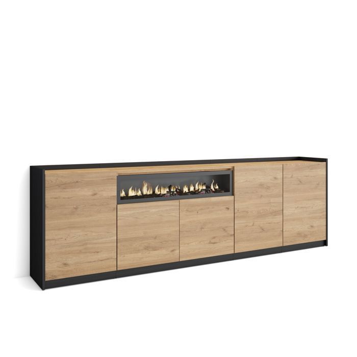 Buffet salon et cuisine 260x37x80cm Cheminée électrique Chêne et noir RF4257 modules porte battante avec étagère intérieure. Buffet salon et cuisine 260x37x80cm Cheminée électrique Chêne et noir RF4257 modules porte battante avec étagère intérieure.