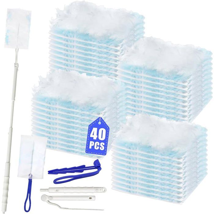 42 Pièces Plumeau Poussiere Recharge Kit Compatible avec Swiffer Plumeau Poussiere Duster Kit avec 1 Guidon Long et 1 Guidon Court