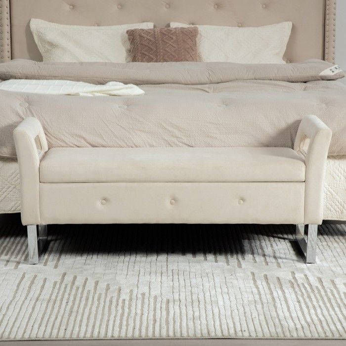 Pouf de rangement velours beige avec accoudoirs 138x51x60.5cm pour salon entrée chambre pratique design moderne Pouf de rangement velours beige avec accoudoirs 138x51x60.5cm pour salon entrée chambre pratique design moderne