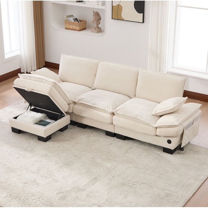 Canapé modulable 3 places beige L 260 x P 132 x H 84 cm ottoman USB-C velours côtelé