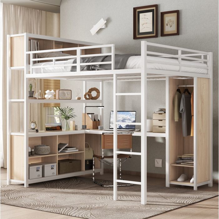 WUVRIE Lit mezzanine 140x200 cm avec bureau rangements ouverts et penderie intégrée métal et bois blanc et naturel